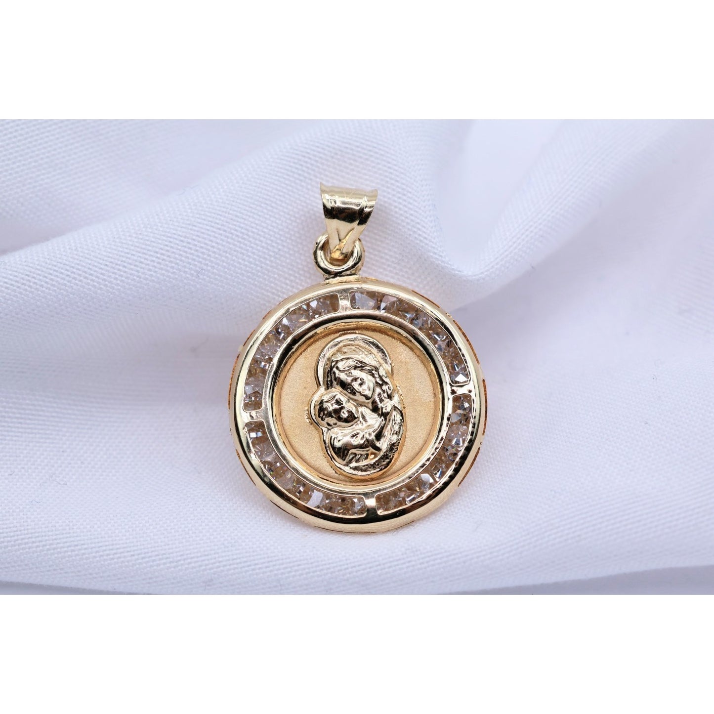 14K Yellow Gold Two Sided Round Saint Mary Charm & Jesus Head CZ Charm Pendant
