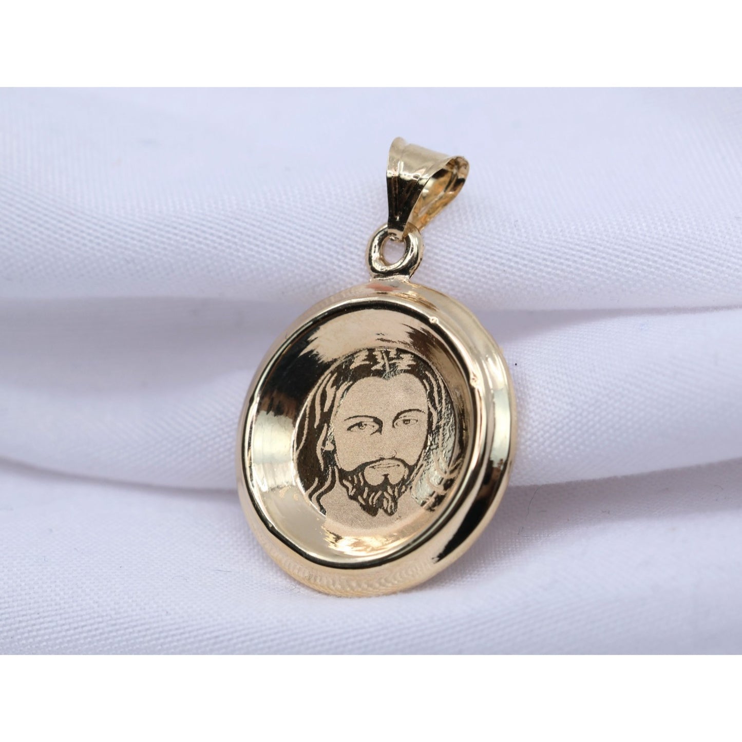 14K Yellow Gold Two Sided Round Saint Mary Charm & Jesus Head CZ Charm Pendant