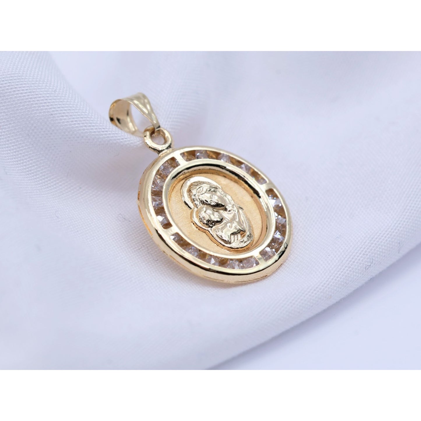 14K Yellow Gold Two Sided Round Saint Mary Charm & Jesus Head CZ Charm Pendant