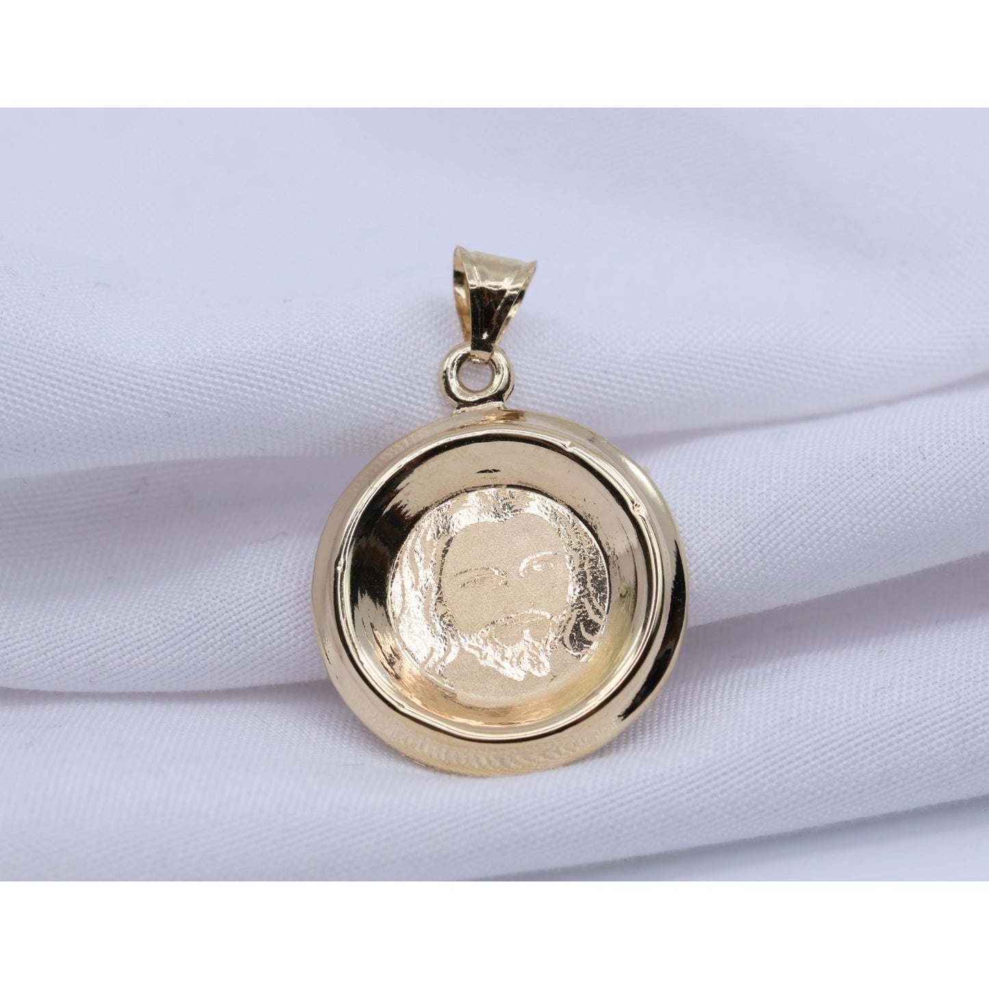 14K Yellow Gold Two Sided Round Saint Mary Charm & Jesus Head CZ Charm Pendant