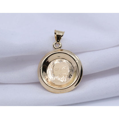 14K Yellow Gold Two Sided Round Saint Mary Charm & Jesus Head CZ Charm Pendant