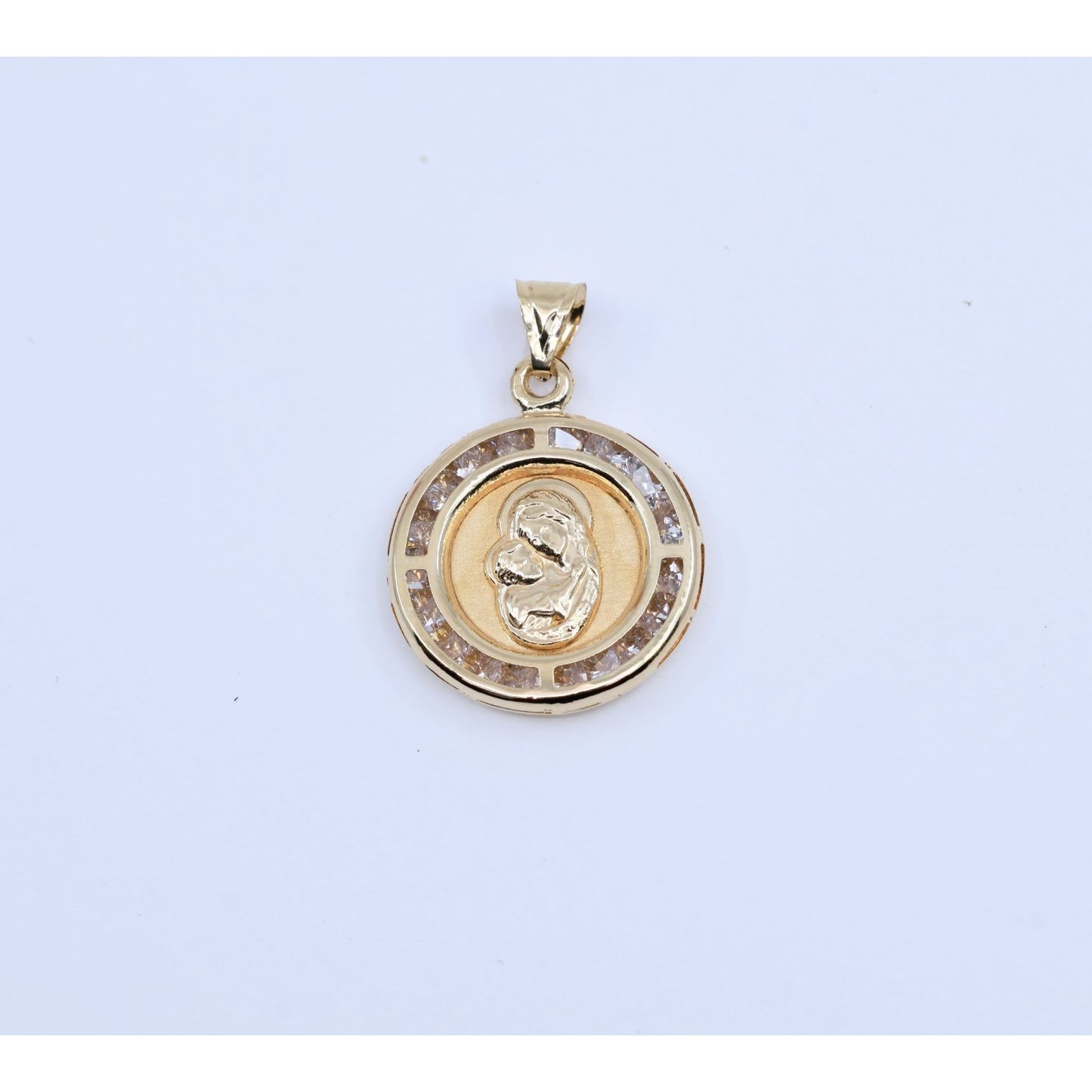 14K Yellow Gold Two Sided Round Saint Mary Charm & Jesus Head CZ Charm Pendant