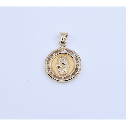 14K Yellow Gold Two Sided Round Saint Mary Charm & Jesus Head CZ Charm Pendant