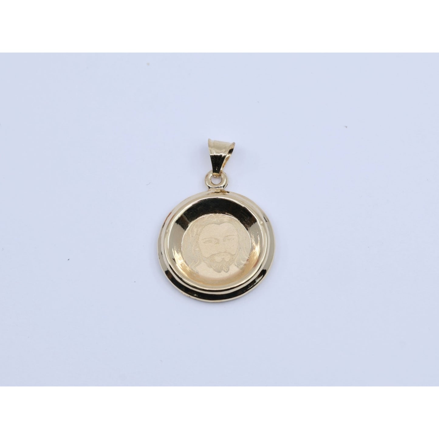 14K Yellow Gold Two Sided Round Saint Mary Charm & Jesus Head CZ Charm Pendant