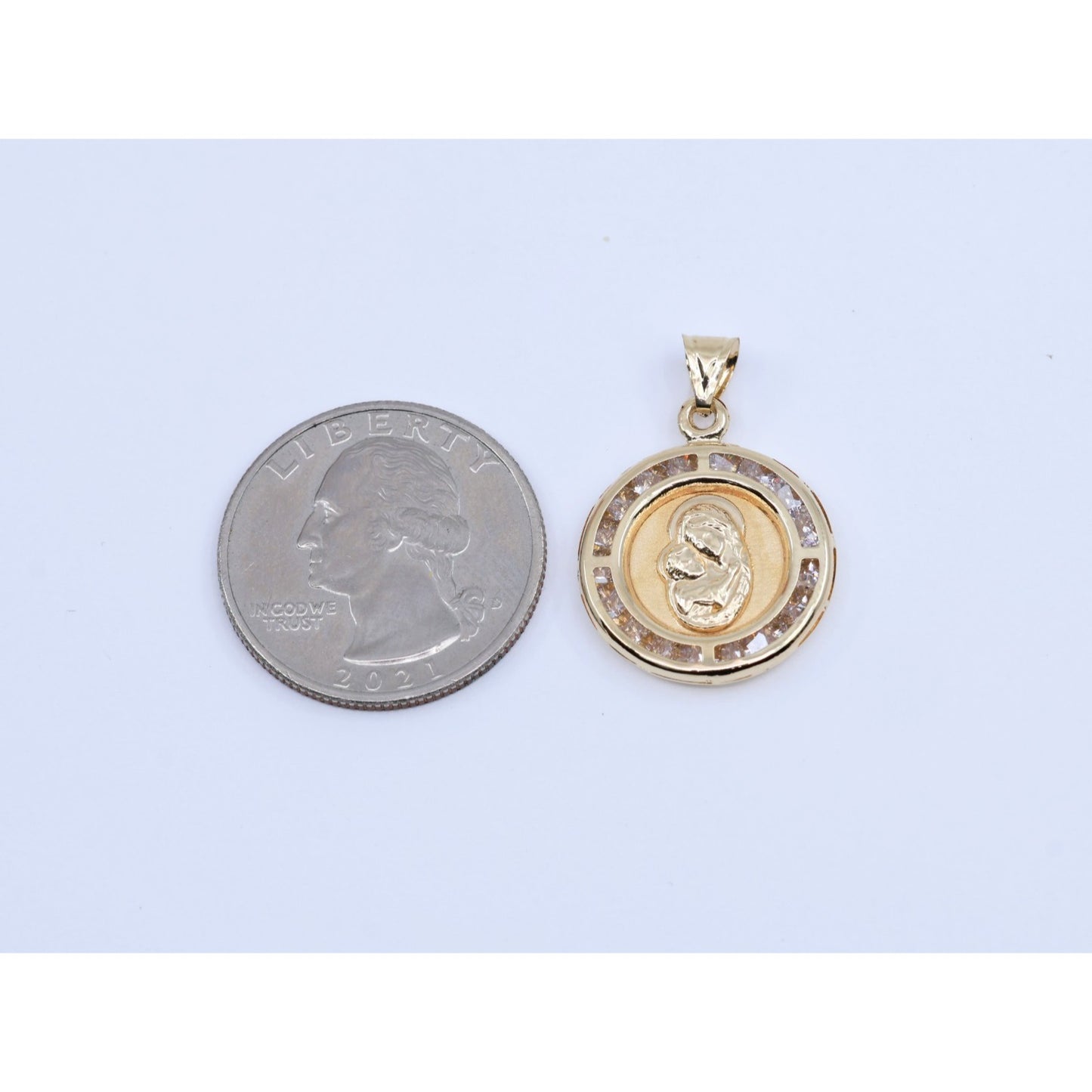 14K Yellow Gold Two Sided Round Saint Mary Charm & Jesus Head CZ Charm Pendant