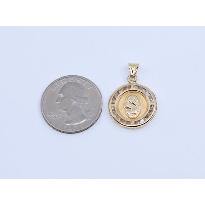 14K Yellow Gold Two Sided Round Saint Mary Charm & Jesus Head CZ Charm Pendant