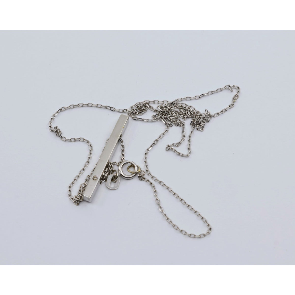 Thin 14K White Gold Diamond Vertical Bar Pendant Chain Necklace