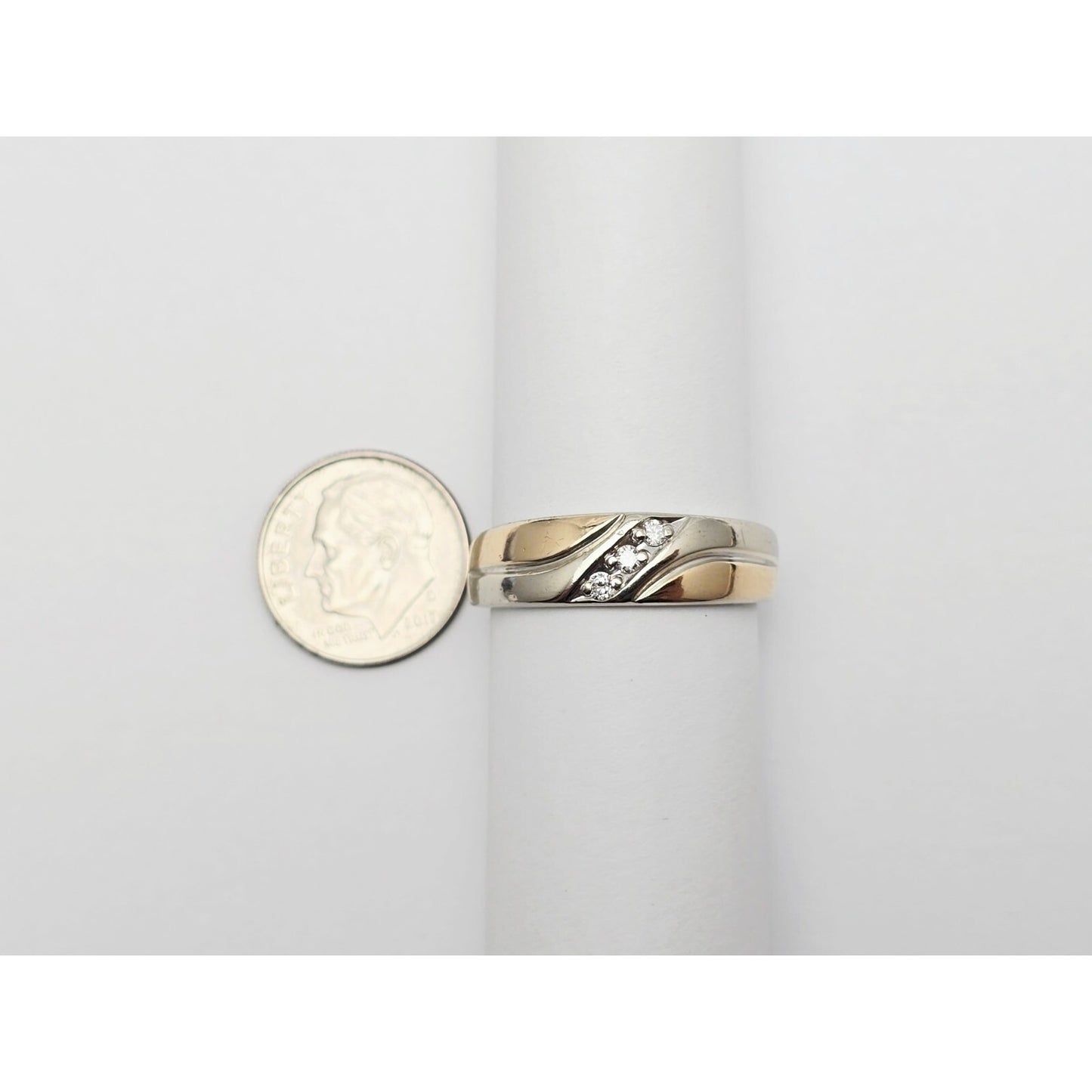 14K Two Tone Gold Wavy 3 Stone Diamond Wedding Band Ring