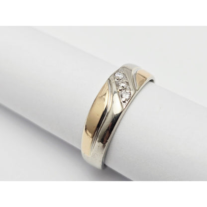 14K Two Tone Gold Wavy 3 Stone Diamond Wedding Band Ring
