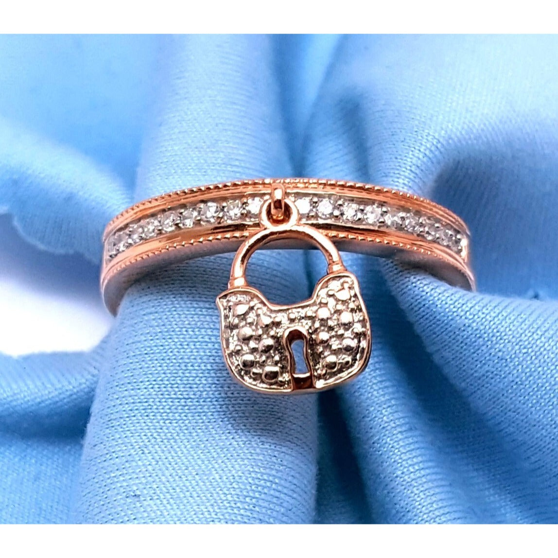 14K Rose Gold Diamond Band Ring w/ Hanging Lock Charm