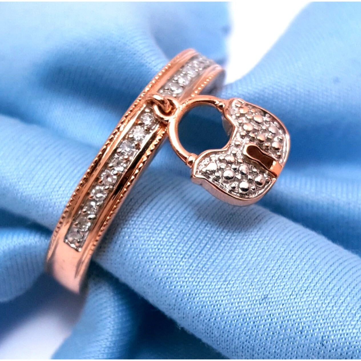 14K Rose Gold Diamond Band Ring w/ Hanging Lock Charm