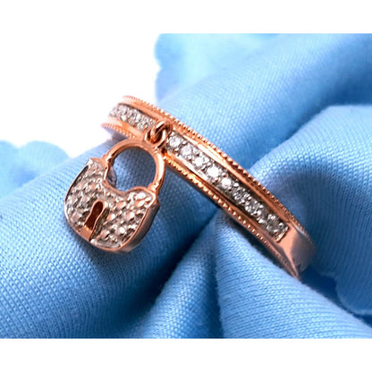 14K Rose Gold Diamond Band Ring w/ Hanging Lock Charm