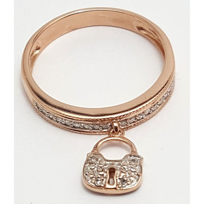 14K Rose Gold Diamond Band Ring w/ Hanging Lock Charm