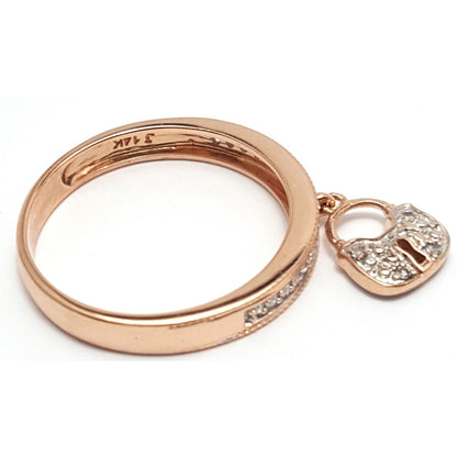 14K Rose Gold Diamond Band Ring w/ Hanging Lock Charm