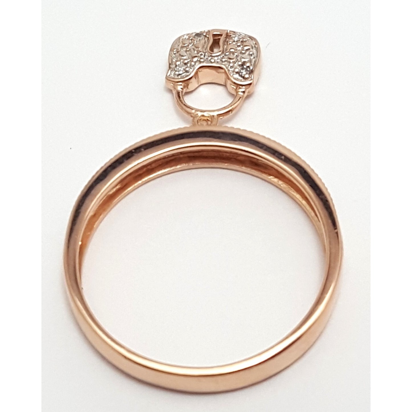 14K Rose Gold Diamond Band Ring w/ Hanging Lock Charm