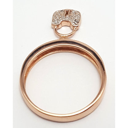 14K Rose Gold Diamond Band Ring w/ Hanging Lock Charm