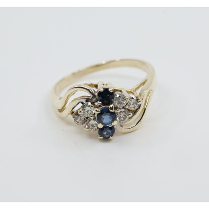14K Yellow Gold Sapphire & Diamond Cluster Bypass Cocktail Ring