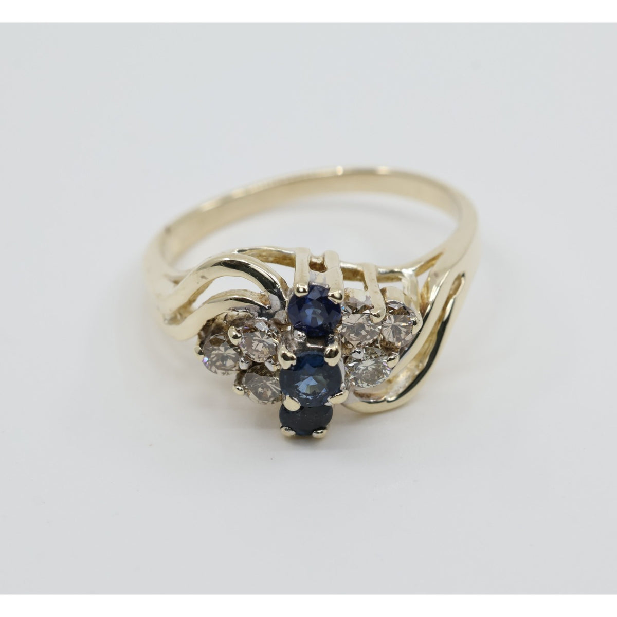 14K Yellow Gold Sapphire & Diamond Cluster Bypass Cocktail Ring