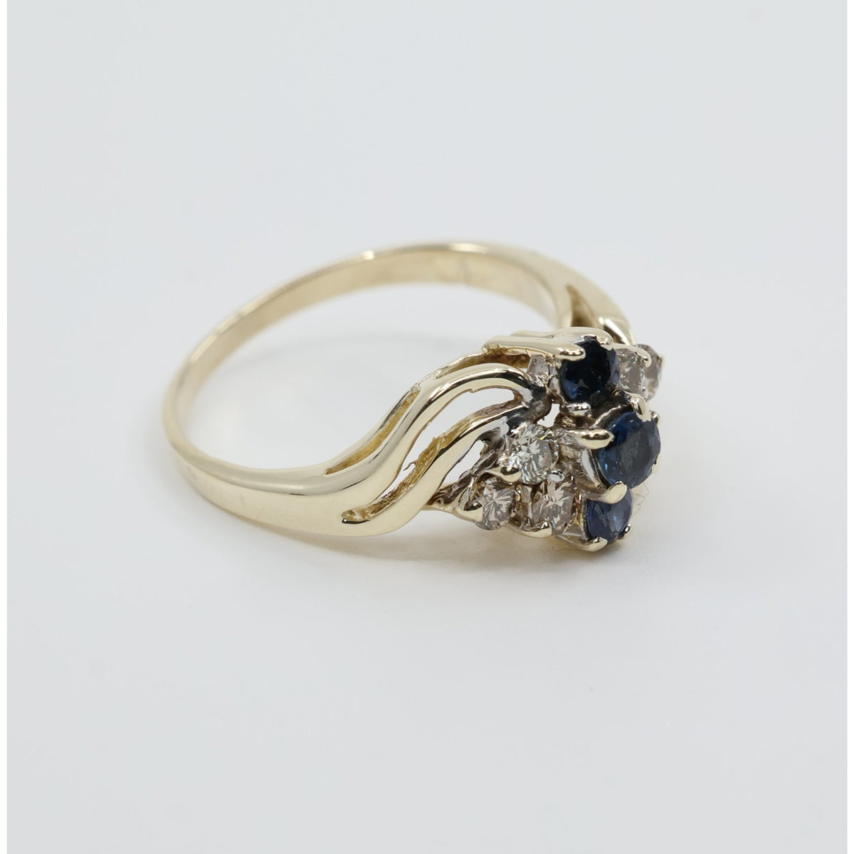 14K Yellow Gold Sapphire & Diamond Cluster Bypass Cocktail Ring