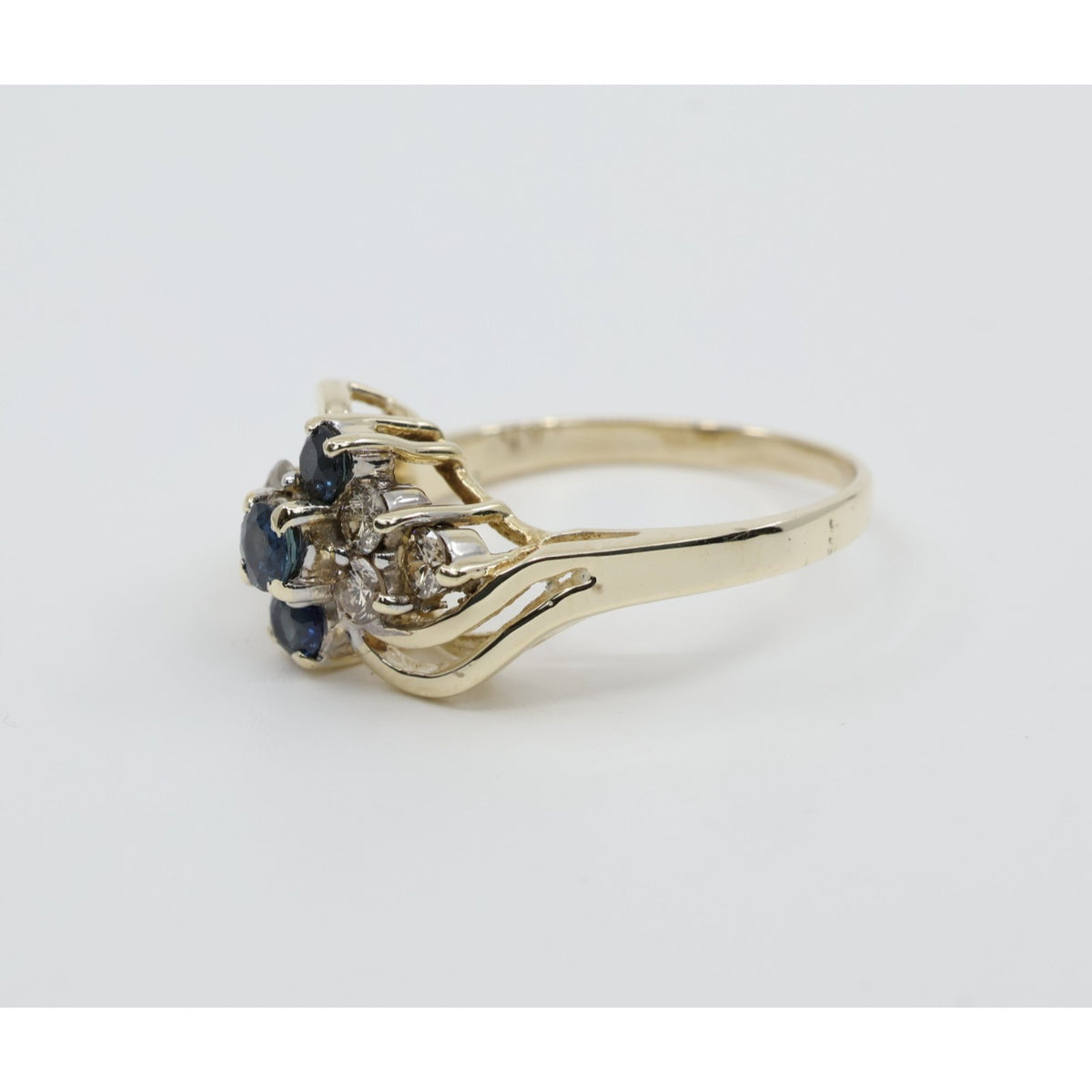 14K Yellow Gold Sapphire & Diamond Cluster Bypass Cocktail Ring