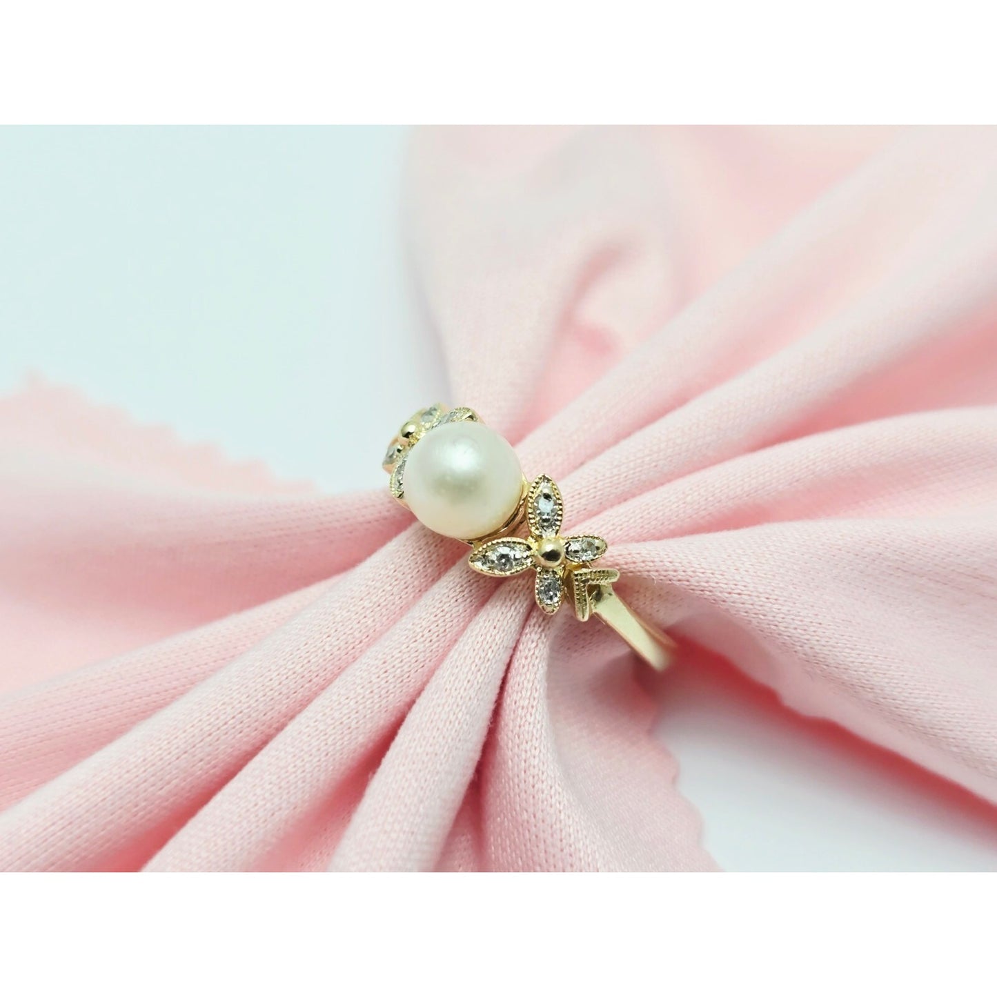14K Yellow Gold Pearl & Diamond Butterfly Ring