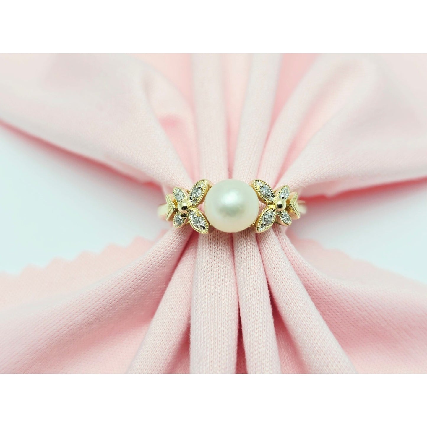 14K Yellow Gold Pearl & Diamond Butterfly Ring