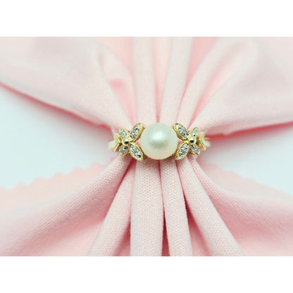 14K Yellow Gold Pearl & Diamond Butterfly Ring