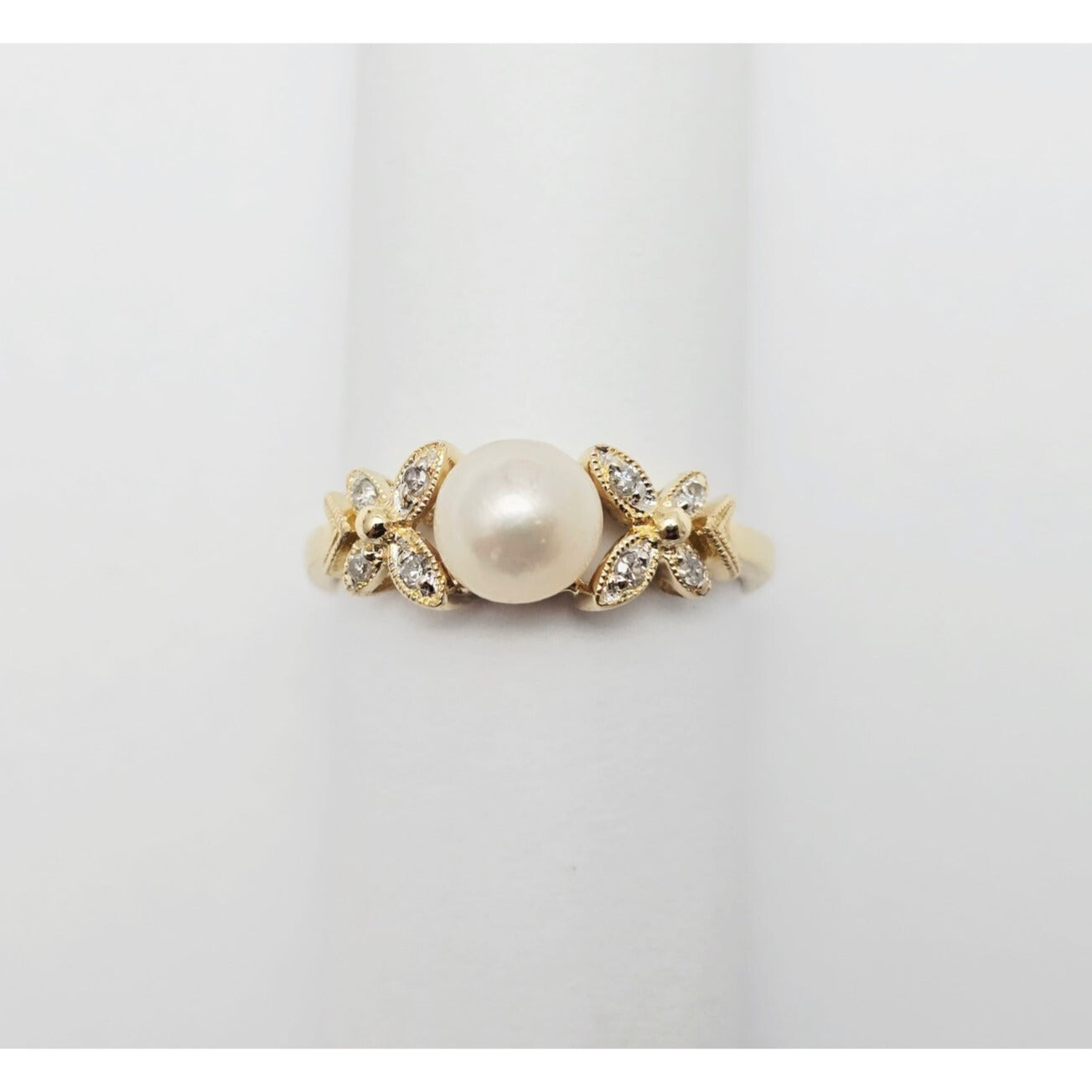 14K Yellow Gold Pearl & Diamond Butterfly Ring