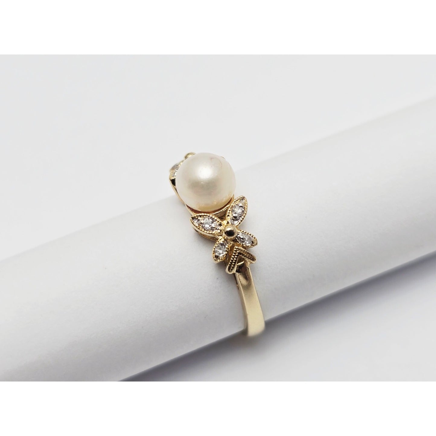 14K Yellow Gold Pearl & Diamond Butterfly Ring