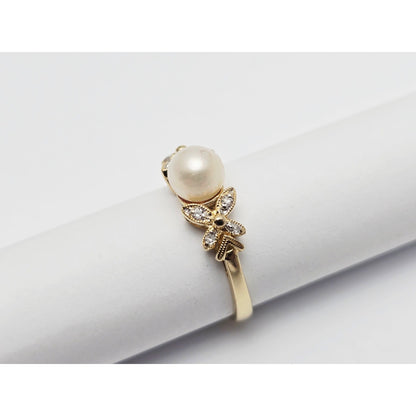 14K Yellow Gold Pearl & Diamond Butterfly Ring