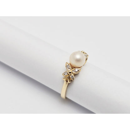 14K Yellow Gold Pearl & Diamond Butterfly Ring