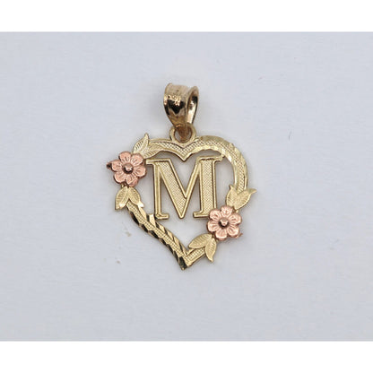 14K Two Tone Gold Floral Initial Letter " M " Heart Charm Pendant