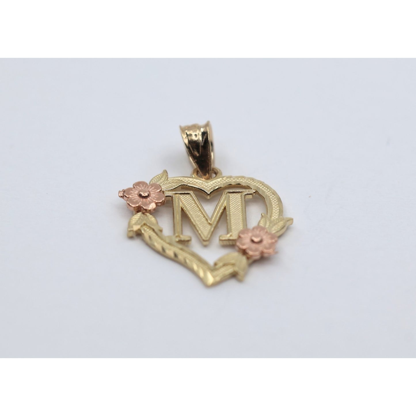 14K Two Tone Gold Floral Initial Letter " M " Heart Charm Pendant