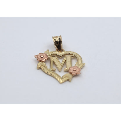 14K Two Tone Gold Floral Initial Letter " M " Heart Charm Pendant