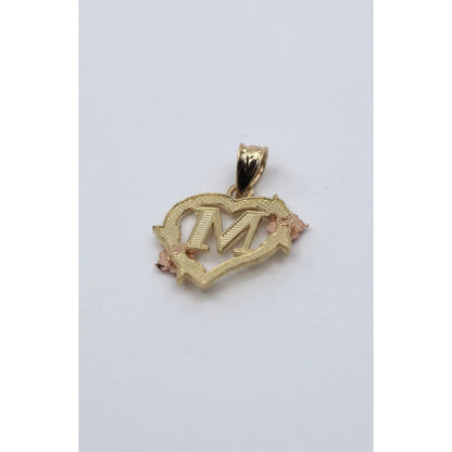 14K Two Tone Gold Floral Initial Letter " M " Heart Charm Pendant