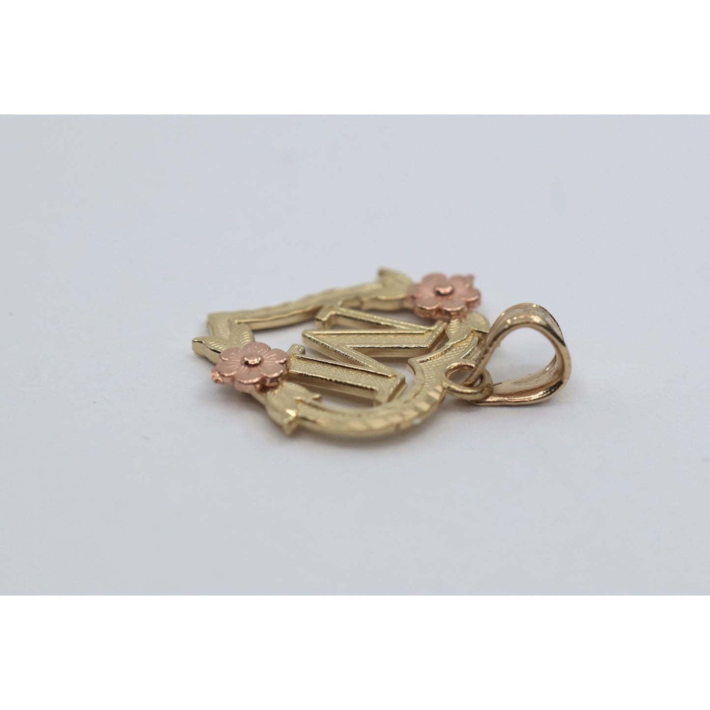 14K Two Tone Gold Floral Initial Letter " M " Heart Charm Pendant