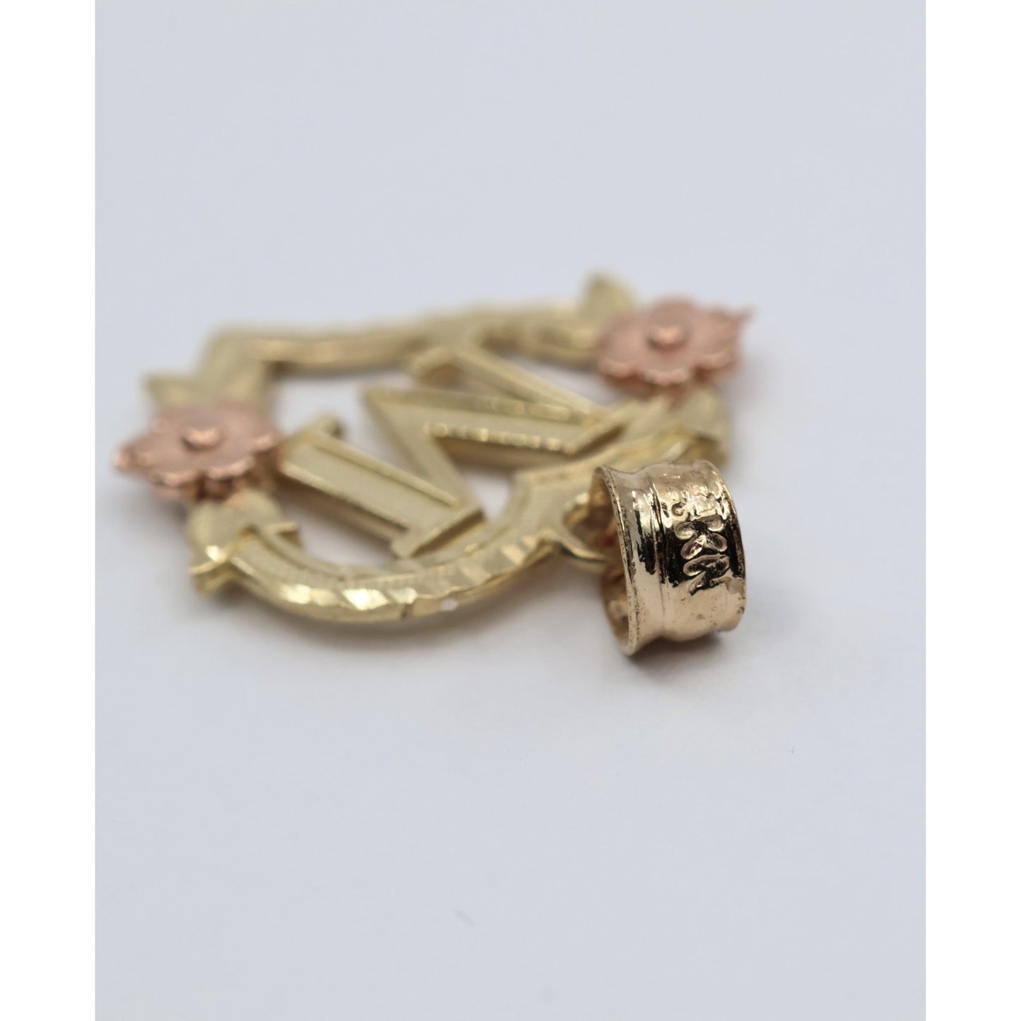 14K Two Tone Gold Floral Initial Letter " M " Heart Charm Pendant