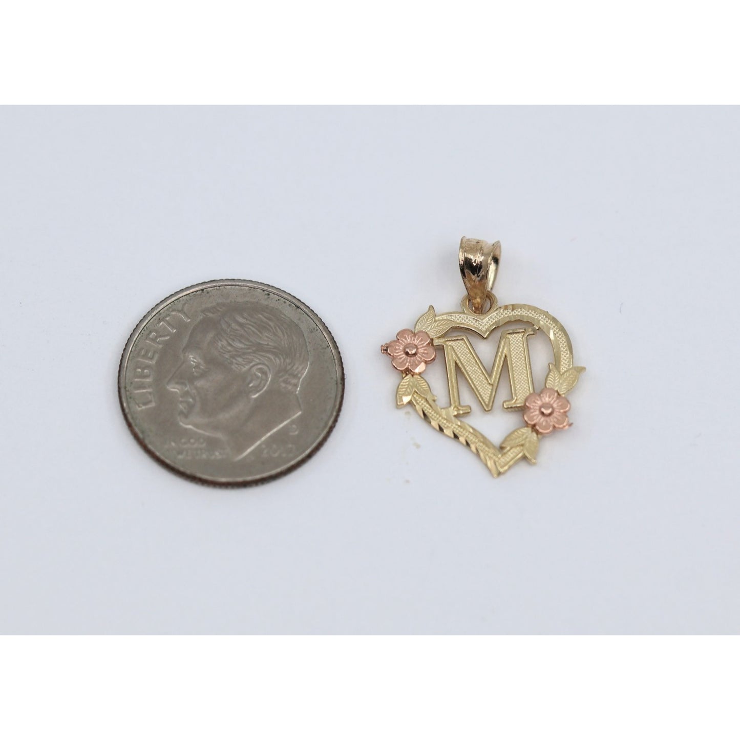 14K Two Tone Gold Floral Initial Letter " M " Heart Charm Pendant