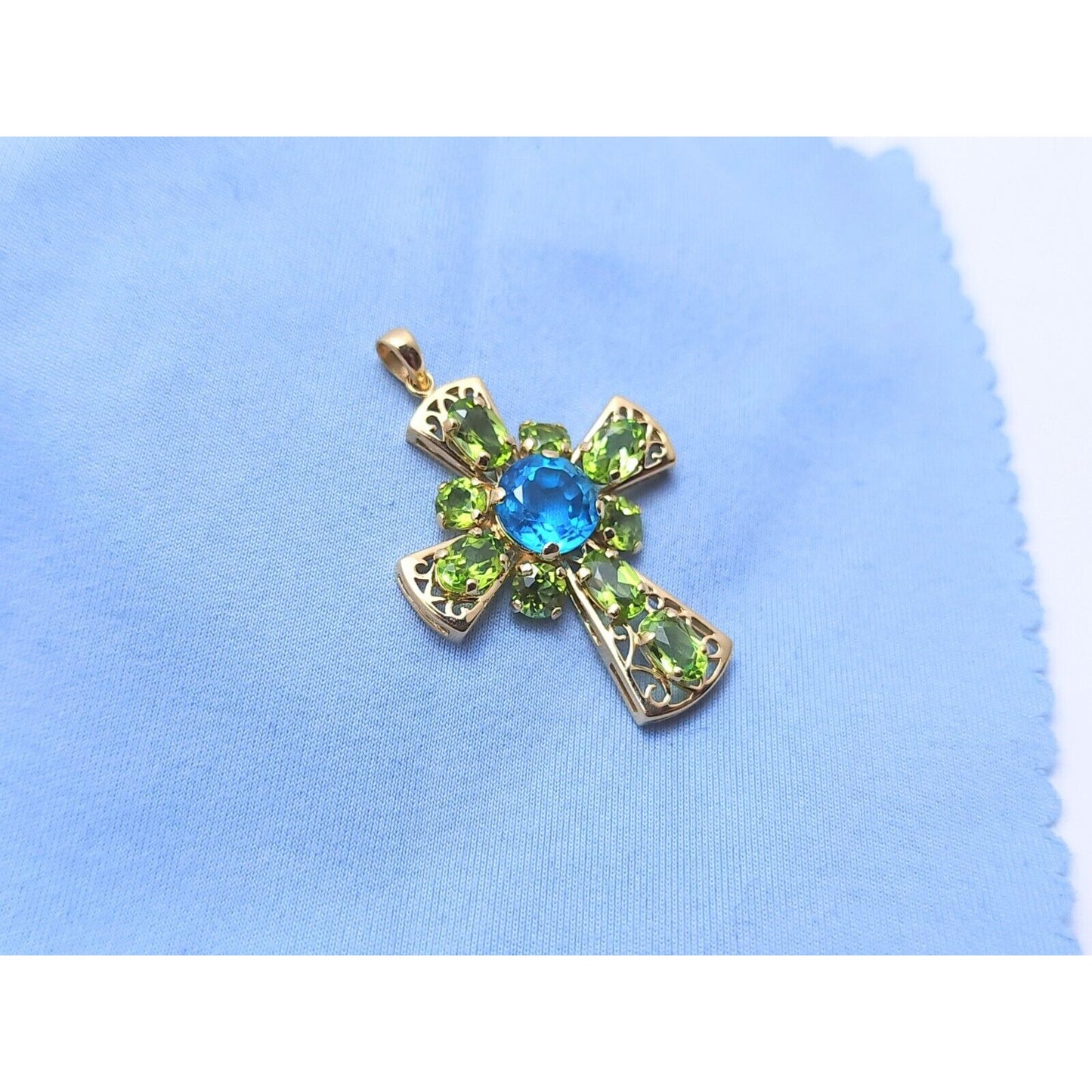 10K Yellow Gold Peridot & Blue Topaz Cross Charm Pendant