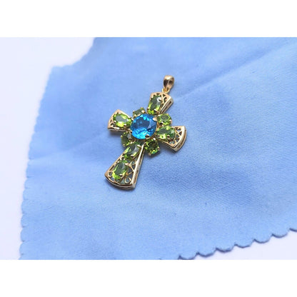 10K Yellow Gold Peridot & Blue Topaz Cross Charm Pendant