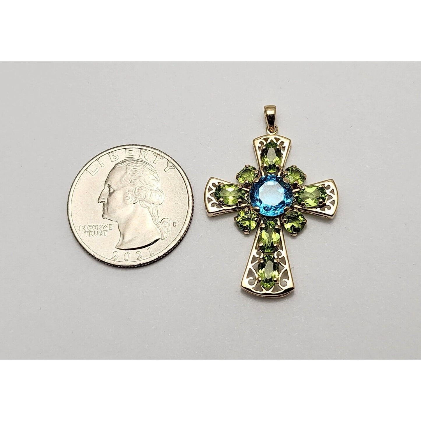 10K Yellow Gold Peridot & Blue Topaz Cross Charm Pendant