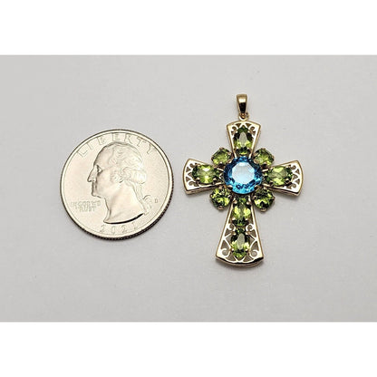 10K Yellow Gold Peridot & Blue Topaz Cross Charm Pendant