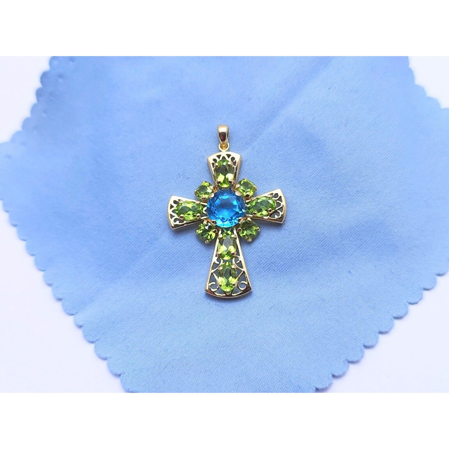 10K Yellow Gold Peridot & Blue Topaz Cross Charm Pendant