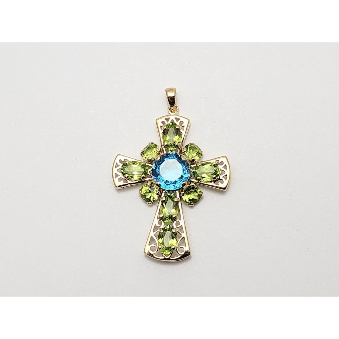 10K Yellow Gold Peridot & Blue Topaz Cross Charm Pendant