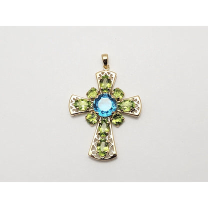 10K Yellow Gold Peridot & Blue Topaz Cross Charm Pendant