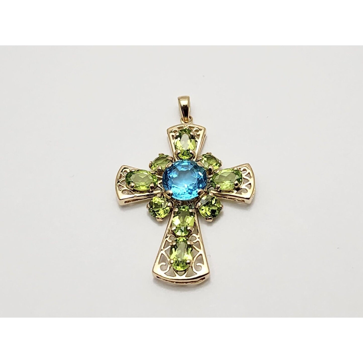 10K Yellow Gold Peridot & Blue Topaz Cross Charm Pendant