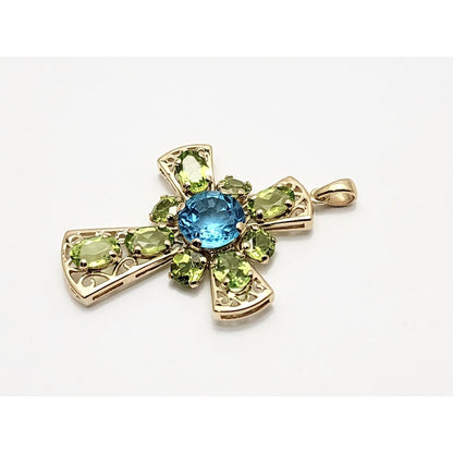 10K Yellow Gold Peridot & Blue Topaz Cross Charm Pendant