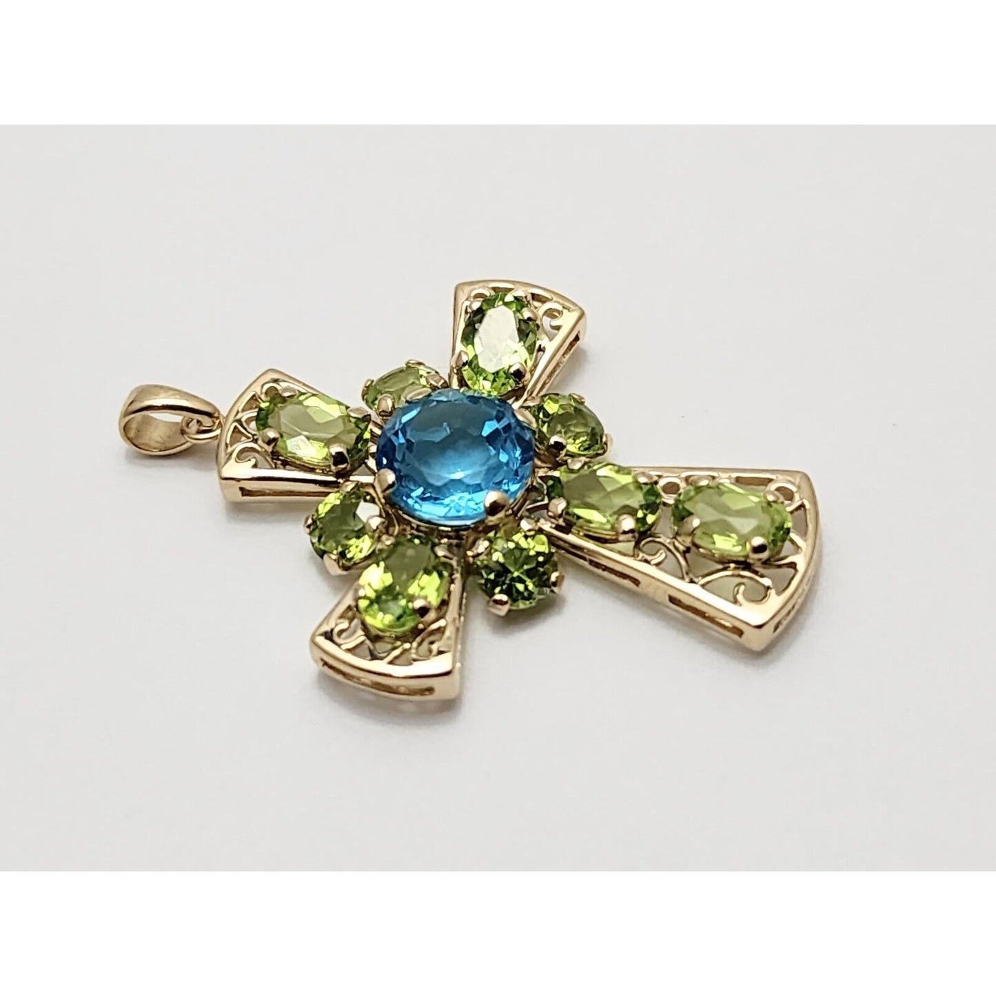 10K Yellow Gold Peridot & Blue Topaz Cross Charm Pendant