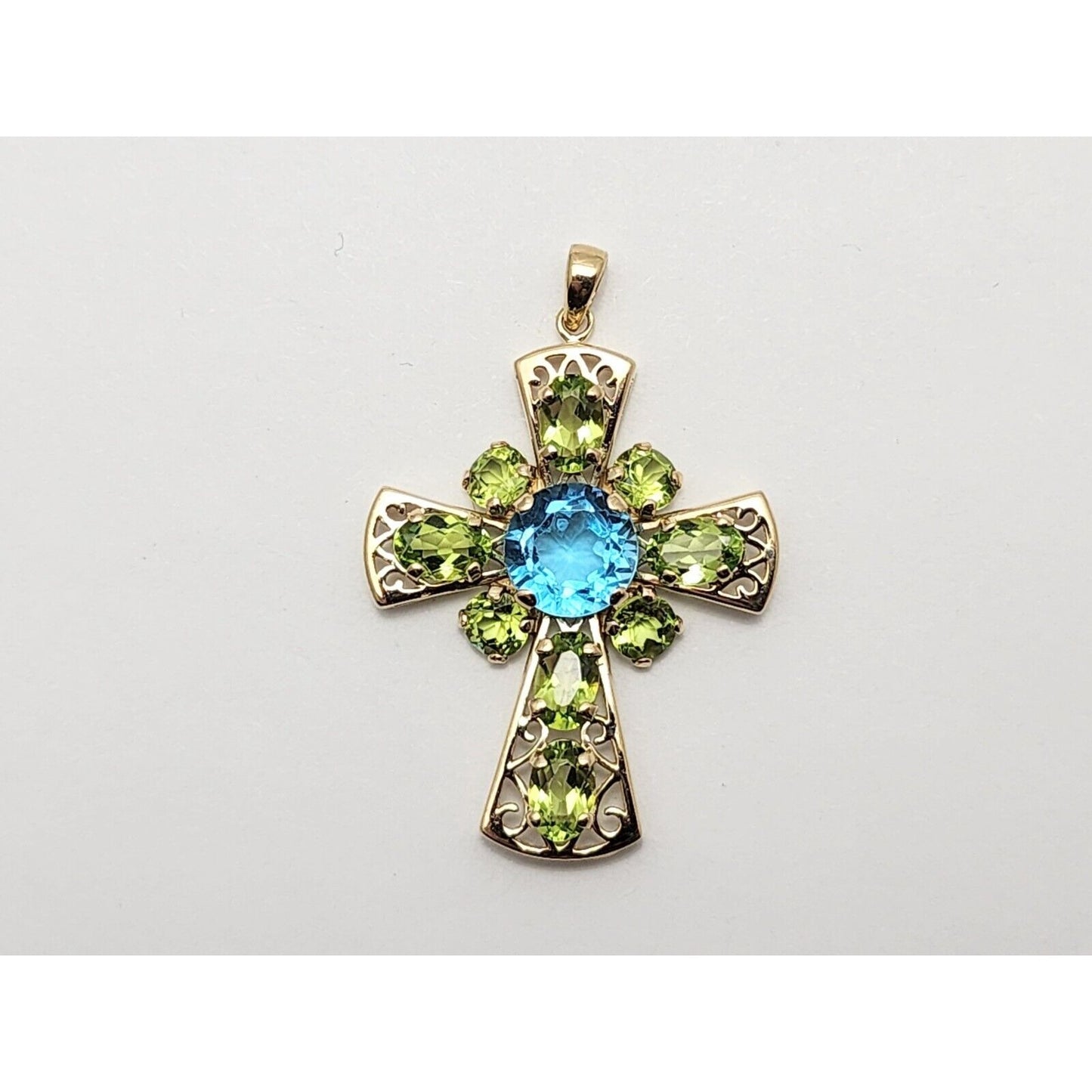 10K Yellow Gold Peridot & Blue Topaz Cross Charm Pendant