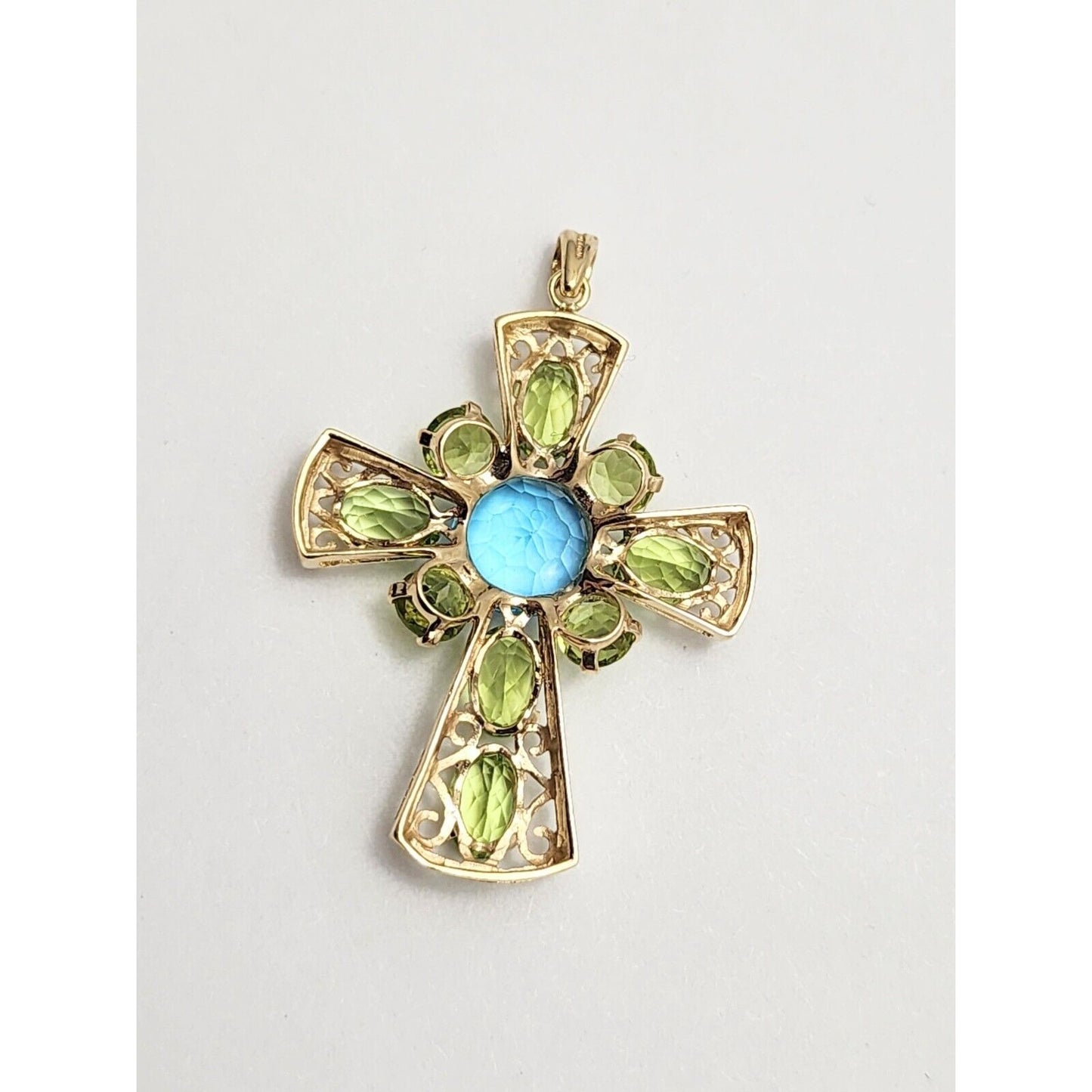 10K Yellow Gold Peridot & Blue Topaz Cross Charm Pendant